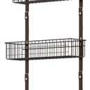 Over The Door 3 Tier Hanging Kitchen Storage Rack Heavy Duty Pantry Organizer with 3 Baskets and 5 Hooks - Metal Wire Basket for Kitchen, Bathroom, Office - Brown