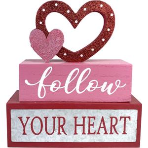 Valentines Day Decor 3-Layered Pink Love Heart Block Happy Valentine's Day Wooden Table Decorations Farmhouse Rustic Shiny Valentines Sign for Home Room, Tiered Tray, Fireplace, Shelf