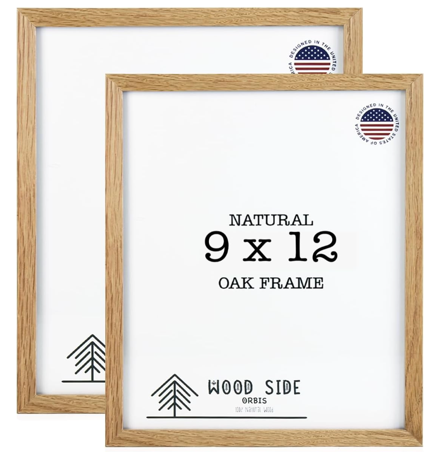 Picture Frames 9x12 - Set of 2 - Natural Solid Wood Photo Frame Real Glass Wall Mount Tabletop