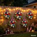 6 Pcs Small 4th of July Hanging Wreaths for Cabinets with Red Carnations Daisy Blooms Artificial Mini Independence Day Candle Ring Wreath with White Chrysanthemums for Front Door Window Porch Wall