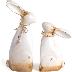 Valery Madelyn Easter Decorations for Home, Medium 2Pcs Ceramic Beige Bunny Statues Figurine for Spring, Easter Gift Tiered Tray, Table Centerpieces Decorations for Indoor or Garden Decor, 6.3inch (White)