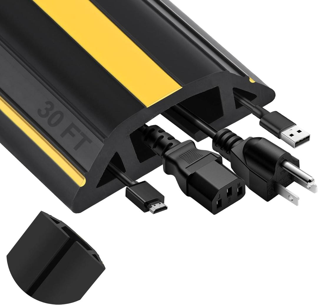 MYFAMIREA 30FT Floor Cord Cover Heavy Duty Cable Cover Protector with 3 Channels Extension PVC Floor Wire Cover Outdoor Cord Hider Management Cord Cover for Wire on Floor for Home Office Outdoor (Yellow & Black)
