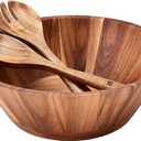 Wooden Salad Bowl, 12'' Acacia Wood Large Salad Bowl Set Big Salad Serving Bowl with Serving Utensils (Set of 3)