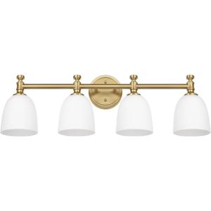 Gold Bathroom Vanity Light, 4-Light Bathroom Light Fixtures Over Mirror, Traditional Vanity Lights for Living Room, Milk White Bell Glass Shades, Standard E26 Base, Aged Brass