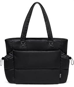 Tote Bag for Women Puffy Work Bags for Women with Zipper Lightweight Quilted Puffer Tote Bag for Travel, Teacher, Nurse (Black)