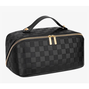 Large Capacity Travel Cosmetic Bag - Portable Makeup Bags for Women Waterproof PU Leather Checkered Makeup Organizer Bag with Dividers and Handle,Toiletry Bag for Cosmetics