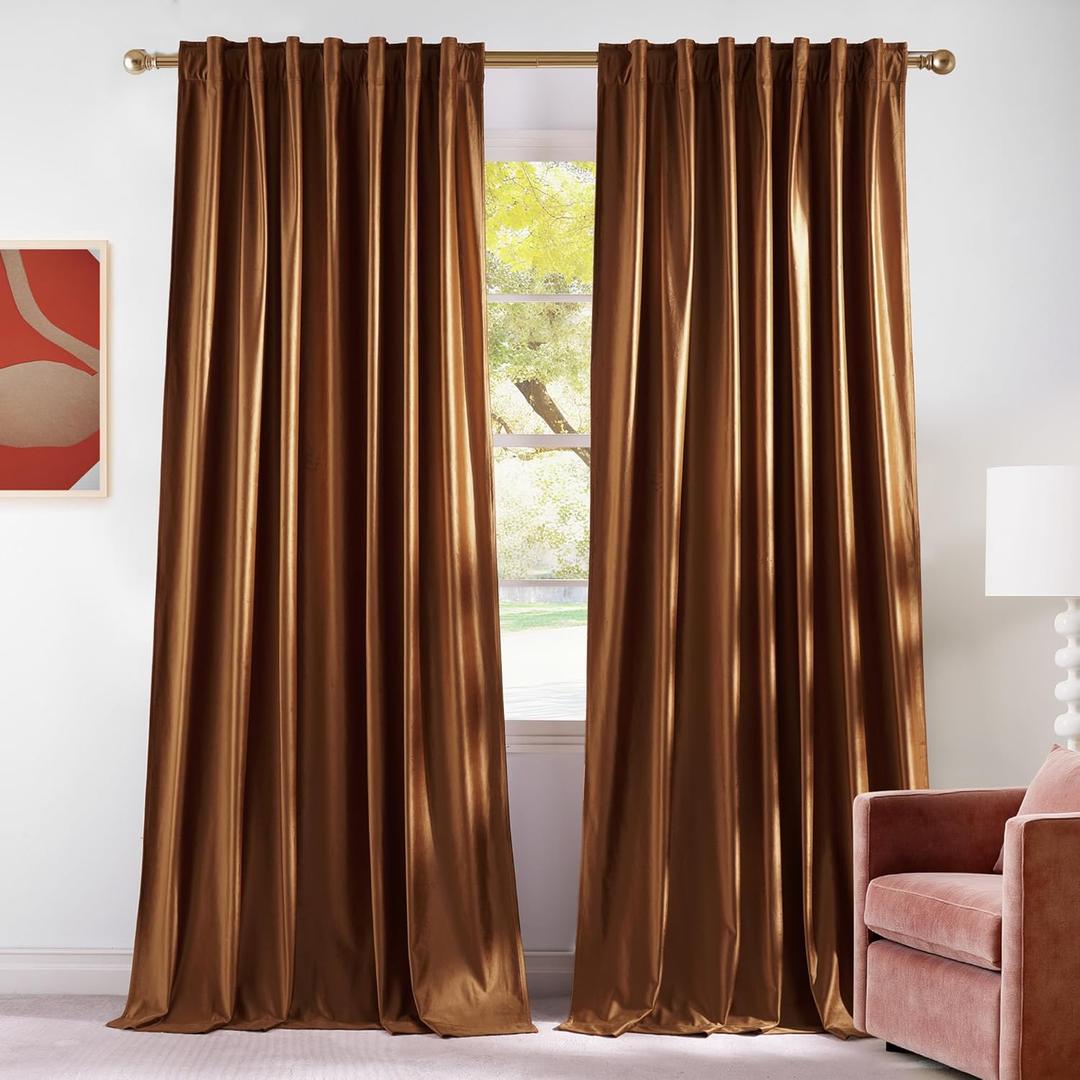 NICETOWN Gold Brown Velvet 90 inch Curtains 2 Panels, Rod Pocket & Back Tab Room Darkneing Window Treatments Thermal Curtains for Living Room/Bedroom, W52 x L90