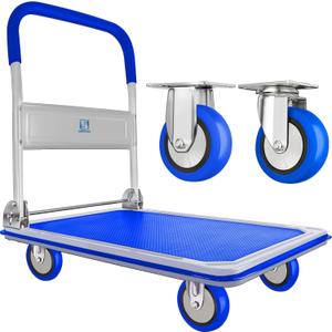 Push Cart Dolly by Wellmax, Moving Platform Hand Truck, Foldable for Easy Storage and 360 Degree Swivel Wheels with 660lb Weight Capacity, Blue Color