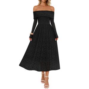 MEROKEETY Women's 2025 Fall Long Sleeve Floral Midi Dress Off Shoulder Wedding Guest Formal Long Flowy Dresses, Black, Small (Black)