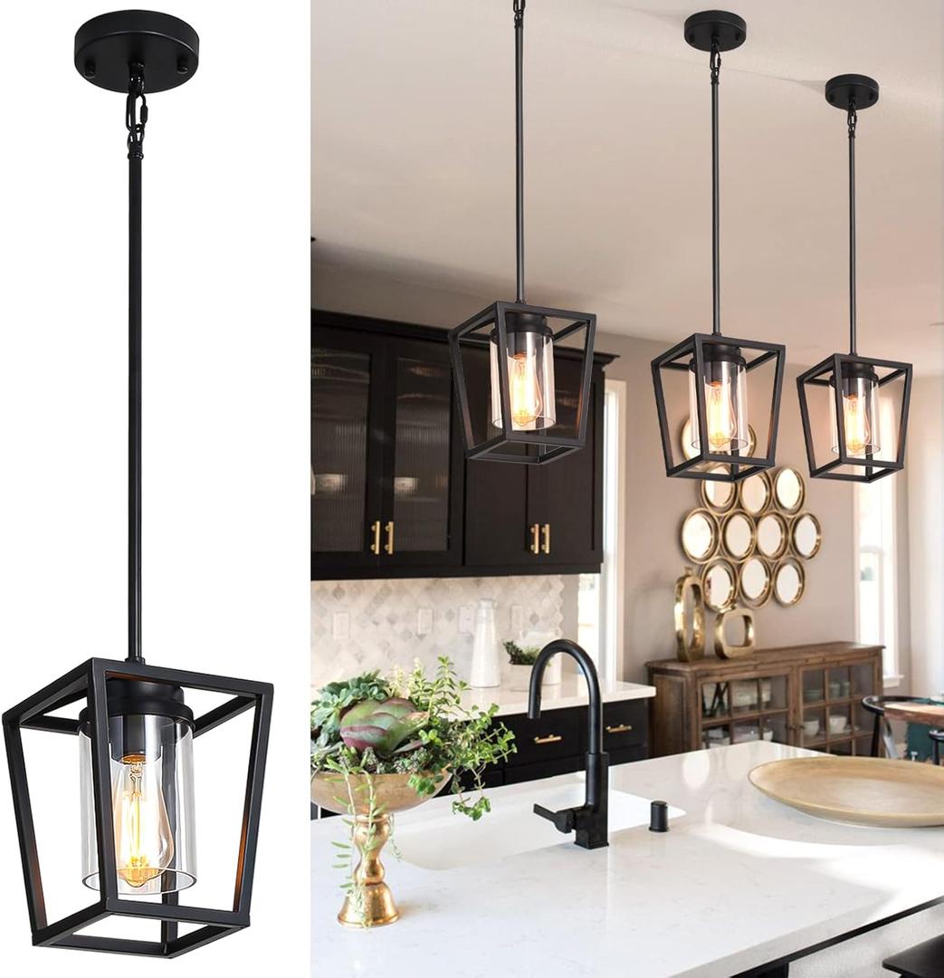 SGLfarmty 1-Light Black Pendant Lights Kitchen Island, Farmhouse Cage Metal Hanging Light Fixtures with Glass ShadeAdjustable Lantern Pendant Lighting for Dining Room, Entryway, Hallway