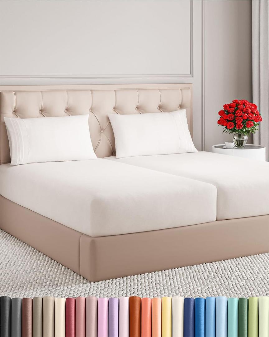 Split King Size 5 Piece Sheet Set - Comfy Breathable & Cooling Bed Sheets Set - Hotel Luxury Bedding for Women, Men, Kids, Teens, Boys & Girls - Deep Pockets & Wrinkle Free - Oeko-Tex - Antique White