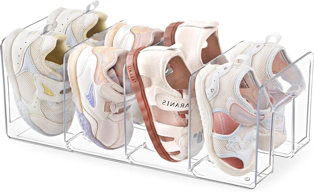 HBlife Clear Acrylic Kids Shoe Rack for Closet Organizers and Storage, Small Shoe Rack 4 Sections Toddler Baby Shoe Storage Organizer Stackable Shoe Shelf,Desk File Sorter Book Purse Organizer(1 Pack)