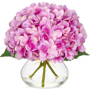 Hollyone Hydrangea Artificial Flowers with Glass Vase Purplish Pink Silk Faux Flowers Arrangements in Vase with Faux Water Fake Floral Bulk Bouquet for Home Decor Table Centerpiece Decorations