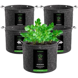 VIVOSUN 5-Pack 5 Gallon Grow Bags, 500G Thick Nonwoven Fabric Pots with Strap Handles, Multi-Purpose Rings, for Low Stress Plant Training Fruits, Vegetables, and Flowers