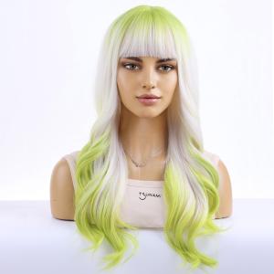 MAGQOO Green Wig for Women Matcha Green Blonde Ombre Wig Long Wavy Green Ombre Blonde Wig with Bangs Synthetic Heat Resistant Halloween Cosplay Costume
