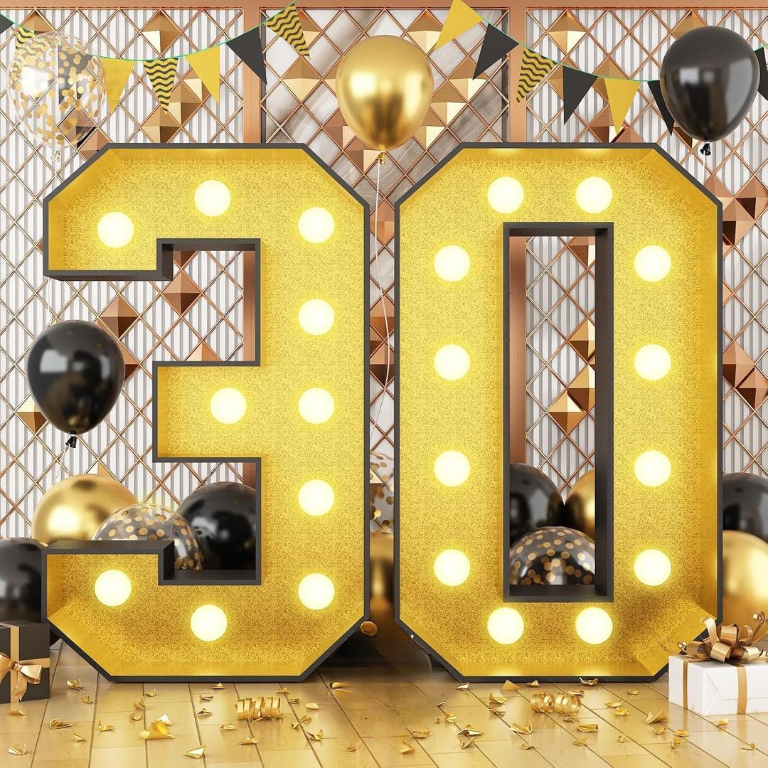 4FT Marquee Light Up 30 Numbers,Glitter Gold Giant Marquee Mosaic Frame Light Up Number for 30th Birthday Party Decorations Mosaic Number 30,DIY Frame Pre-Cut Foam Board Kit