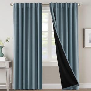 H.VERSAILTEX 100% Blackout Curtains for Bedroom with Black Liner Full Room Darkening Curtains 84 Inches Long Thermal Insulated Back Tab/Rod Pocket Window Drapes for Living Room, 2 Panels, Stone Blue