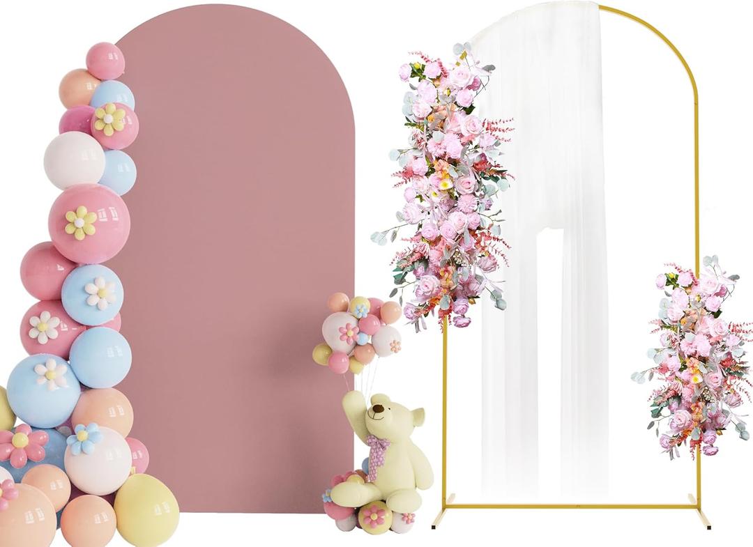 Putros 7.2ft Metal Arch Stand with Cover Light Dusty Rose Spandex Fitted Wedding Arch Cover and Round Top Chiara Backdrop Stand Set for Birthday Party Baby Shower Decoration