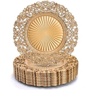 Foraineam Gold Charger Plates Set of 12, 13" Round Plastic Dinner Chargers, Decorative Hollowed Out Flowers Serving Plates for Table Setting, Catering, Wedding, Party, Event