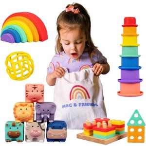 Mac & Friends 5-in-1 Montessori Toy Set Designed by Parents | Great Gift for Baby Shower, New Sibling or Birthday Party | Educational Soft Sensory Toys for 0 Months to 3+ Years