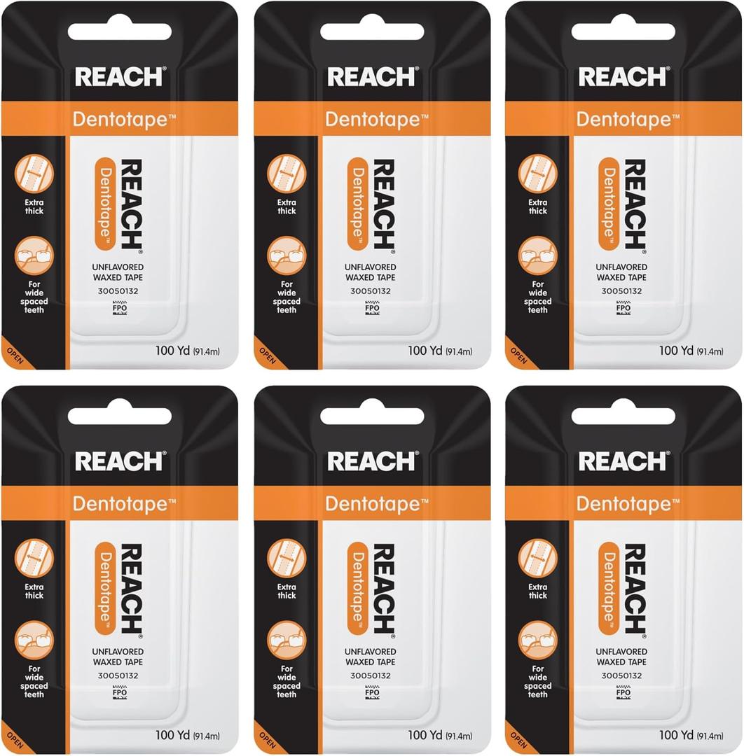 REACH Dentotape Waxed Dental Floss Tape, Unflavored, Extra Wide Floss, Shred & Frey Resistant, Plaque Remover for Teeth, Easy on Gums & Teeth, Oral Care, PFAS Free, for Adults & Kids, 6 Pack, 100 yd