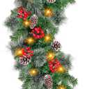 6 Ft by 10 Inch Pre-lit Artificial Christmas Garland with 30 Warm Lights Timer Battery Operated 150 Snowy Bristle Pine Branches 56 Red Berries 8 Pinecones Xmas Decor for Home Indoor Mantle Fireplace