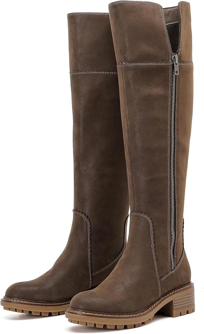Ruiee Women's Knee High Boots Fashion Flat Long Tall Lengthened Boot Shafts Low Heeled Winter Fall Casual Boots for Women. 240979 Brown PU, Size 6 1/2