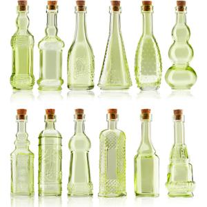 BULK PARADISE Small Mini Green Vintage Glass Bottles with Corks, Mini Vases, Decorative, Potion, Assorted Design Set of 12 pcs, 4.6 Inch Tall (11.43cm), 1.4 Inch Wide (3.56cm)