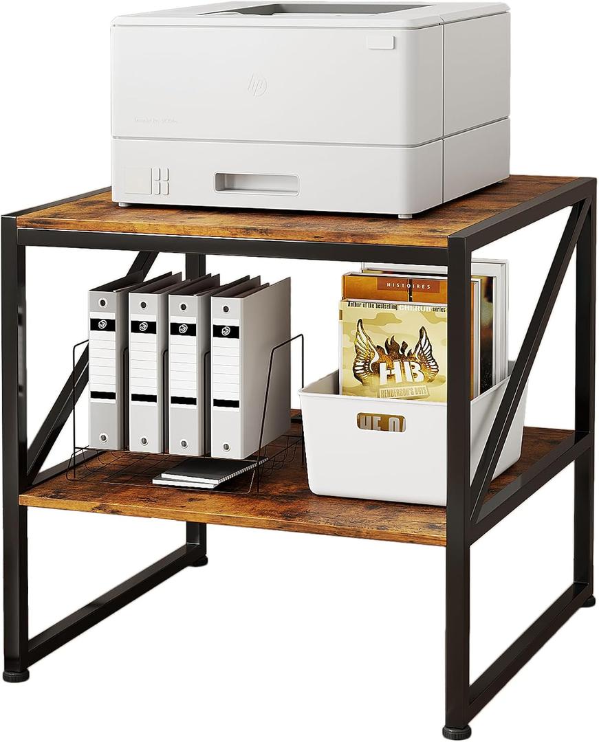 2-Tier Large Printer Stand with Storage Shelf, 20"×20" Under Desk Printer Table for Office, Mini Fridge Stand, End Table for Living Room, Heavy Duty Storage Rack for Scanner Fax Machine, Rustic Brown