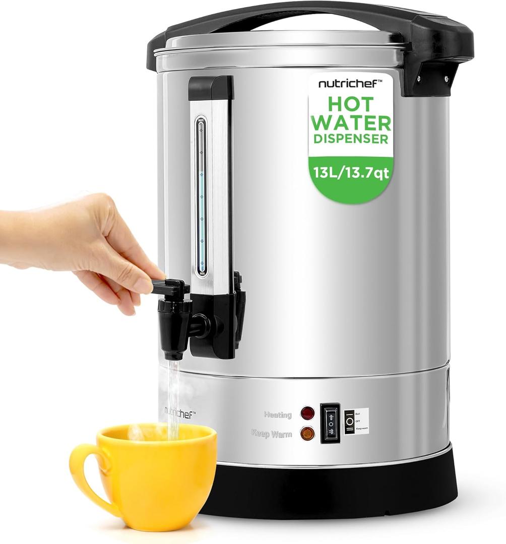 NutriChef Water Boiler and Hot Water Dispenser, 13L Electric Beverage Dispenser with Safety Lock Lid, Non-Drip Tap, Warm Function, Food Grade Stainless Steel, Home and Commercial Use, 20x11x11 in. (13.7 Quarts)