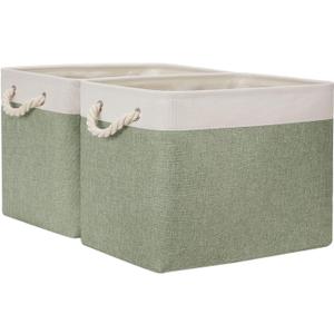 Temary Storage Baskets Fabric Storage Bins for Shelves, 2 Pack Decorative Storage Boxes Canvas Storage Basket with Handles for Organizing Clothes, Books(White&Green,16Lx12Wx12H Inches)