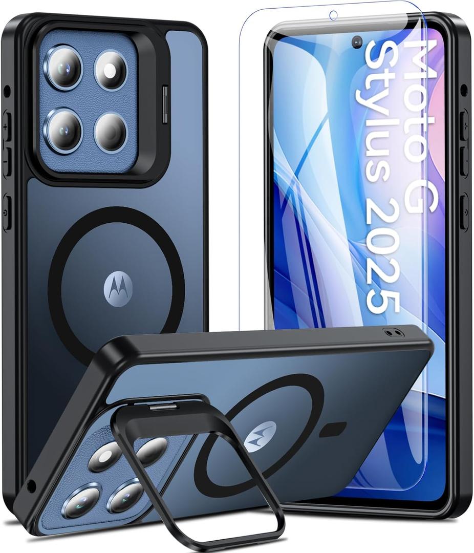 Magnetic for Moto G Stylus 5G 2025 Case with Screen Protector, Built-in Camera Stand Phone Case Shockproof Protective Translucent Matte Cover for Motorola Moto G Stylus 5G 2025 Case (Black)