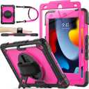 SEYMAC stock Case for iPad 9th/ 8th/ 7th Generation 10.2'', Shockproof with Screen Protector, Pencil Holder [360 Rotating Hand Strap] & Stand, for iPad 10.2 inch 2021-2019 (Rose+Black)