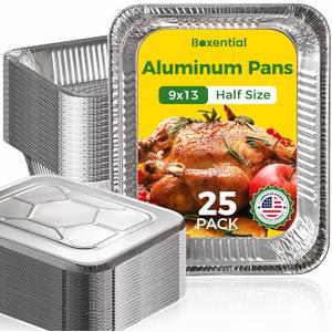9x13 Aluminum Pans with Lids [25 Pack], Extra Heavy Duty Half Size Disposable Foil Pans, Deep Baking Pans for Cooking, Roasting, Heating, and Steam Tables