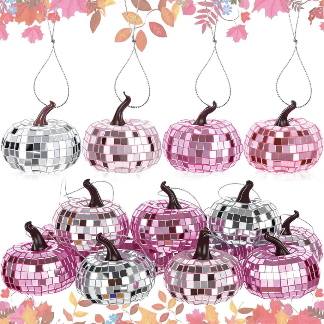 Suncalla 12 Pcs 2" Disco Pumpkin Hanging Ornaments, Glitter Mini Pumpkins for Fall Halloween Thanksgiving Tree Decorations, Farmhouse Autumn Harvest Party Decor(Silver, Pink)