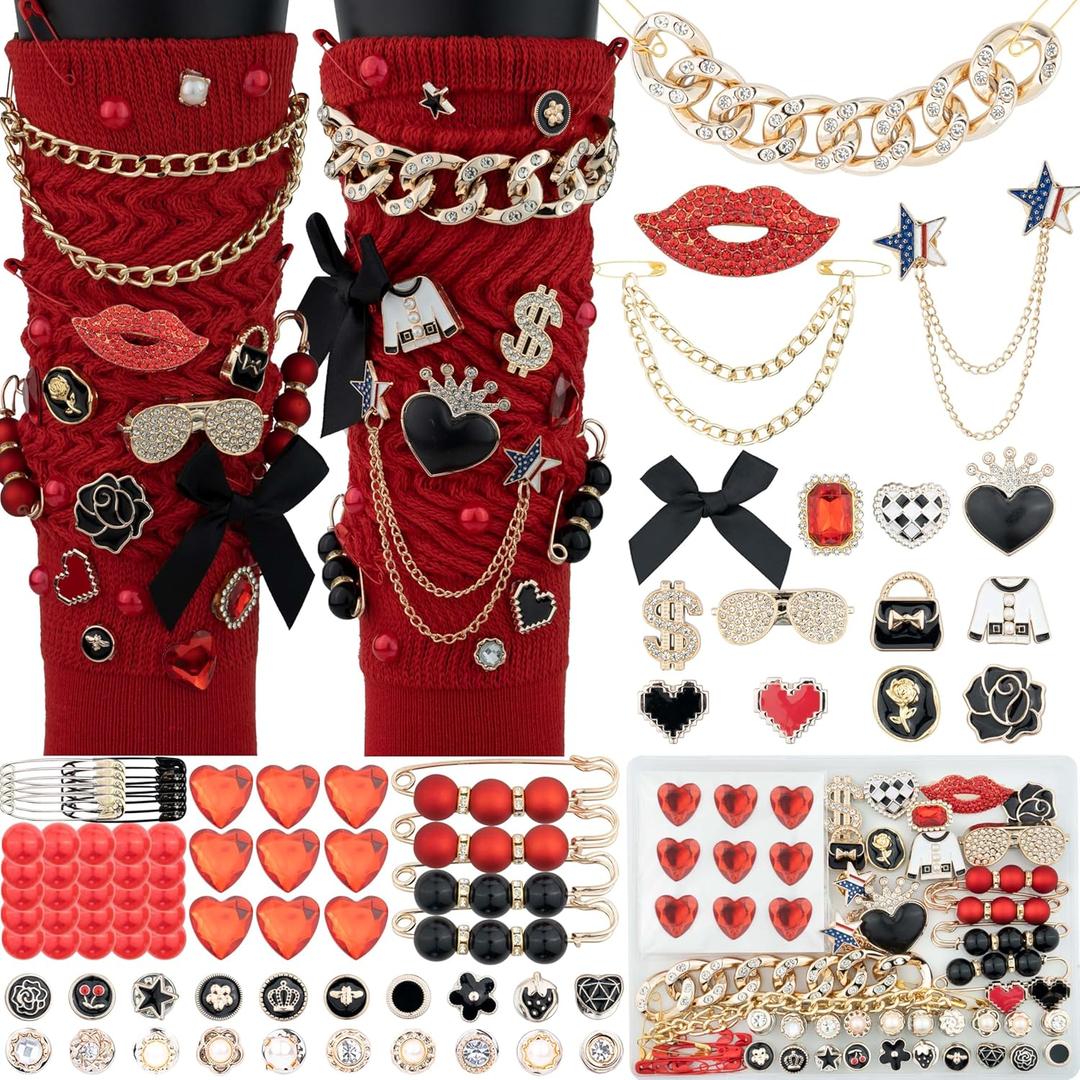 DoDoBeads 85 Pcs Junk Socks Charms Kit, Black and Red Charms for Socks, Brooches and Pins for Women, ShoeCharms with Bows, Sneakers DIY Kit with Pearls Rhinestones Chains