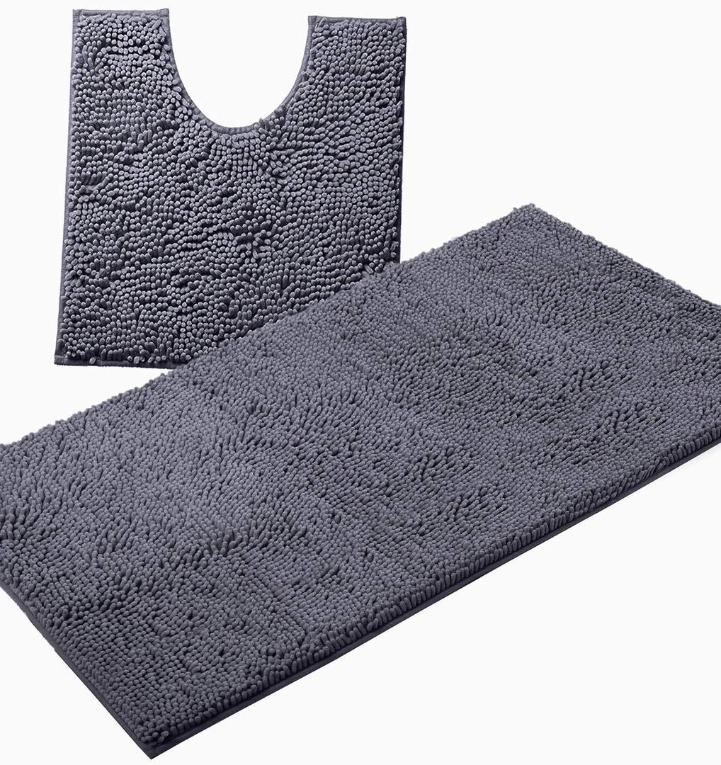 Bathroom Rugs Sets 2 Piece, Luxury Chenille Bath Mat Set, Soft Plush Anti-Slip Bath Rug + U-Shaped Toilet Mat. Microfiber Shaggy Carpet, Super Absorbent (24 x 36 & 20 x 24 U, Dark Grey)