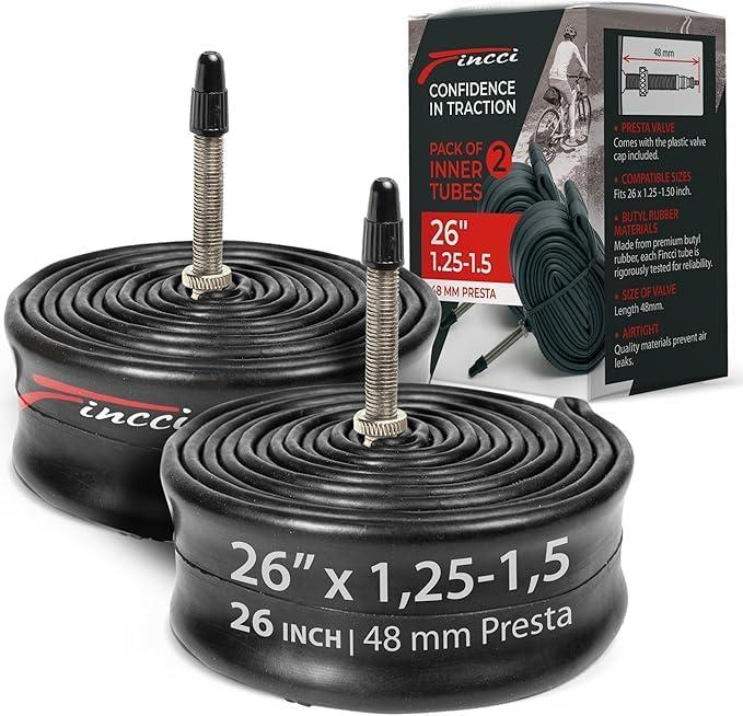 Fincci Bike Tire Tubes 26x 1.25 x 1.35 x 1.4 x 1.5 with Presta-Schrader Valve  Pair Durable 26 Inch Bike Tube - Reliable Air Retention 2X Tubes for Mountain, MTB, Road, XC, Cruiser Bikes
