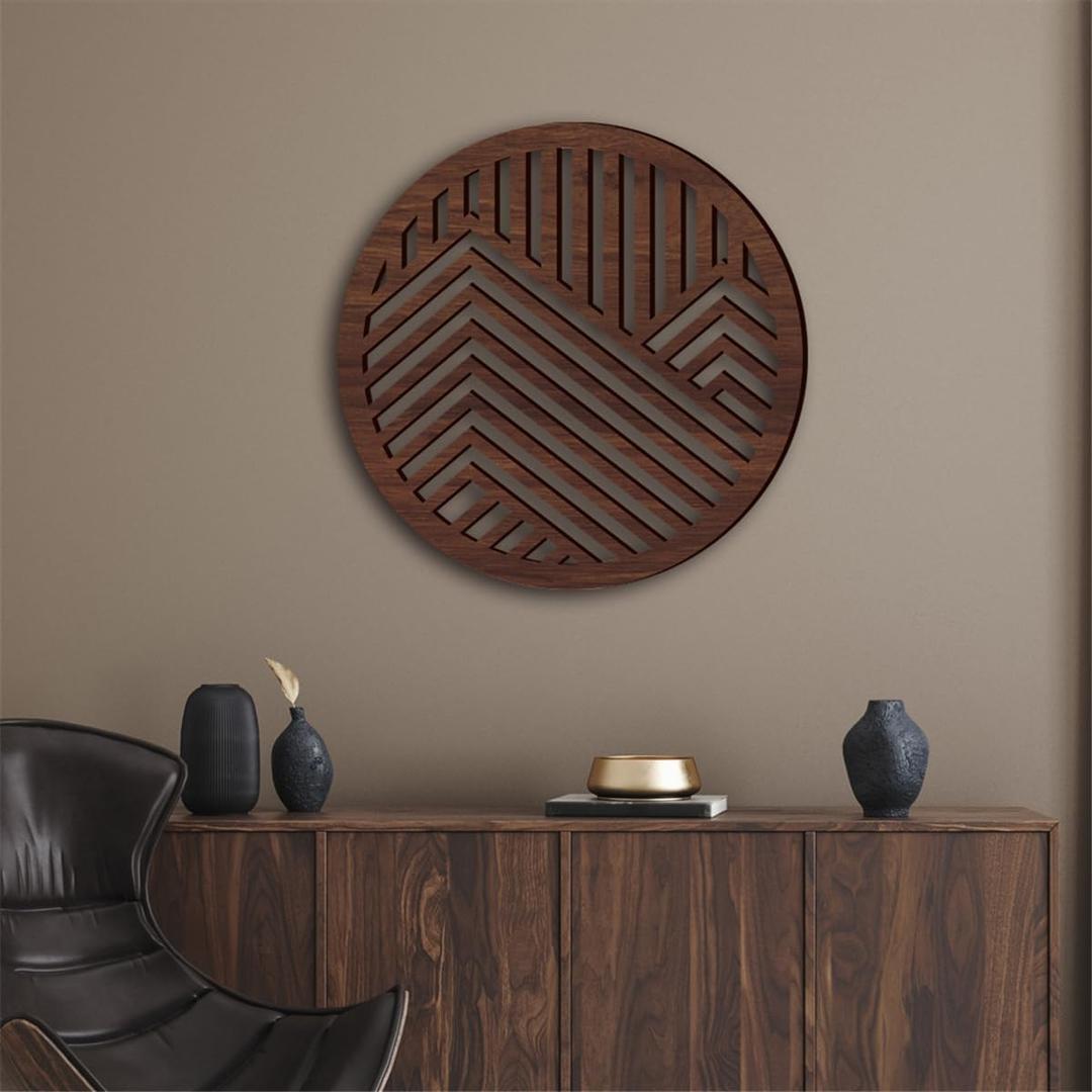 Geometric Wood Wall Art Decor, Modern Vintage Mountain Wall Sculptures Hanging Abstract Panels Decor, 3D Round Hollow Wooden Craft Art Boho Wall Decoration, for Home Office Living Room Bedroom (Brown)