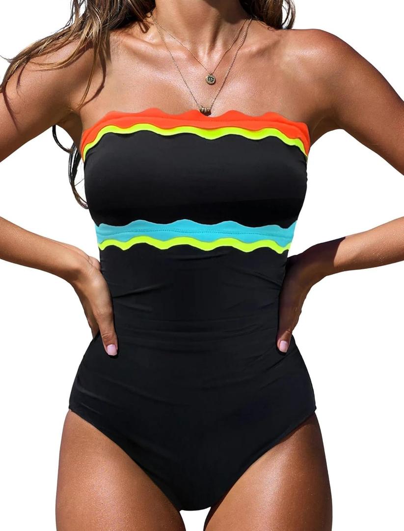 popvil One Piece Swimsuits for Women 2026 Strapless Tummy Control Neon Bandeau Bathing Suits, Black, Small