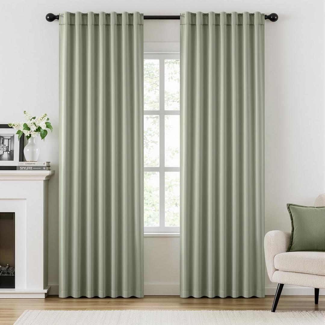 ANRODUO Rod Pocket and Back Tab Pleated Blackout Curtains with Hooks, Rings, Sage Green Curtains 90 Inches Long 2 Panels, Thermal Insulated Room Darkening Living Room Bedroom Curtain, 42x90 Inches