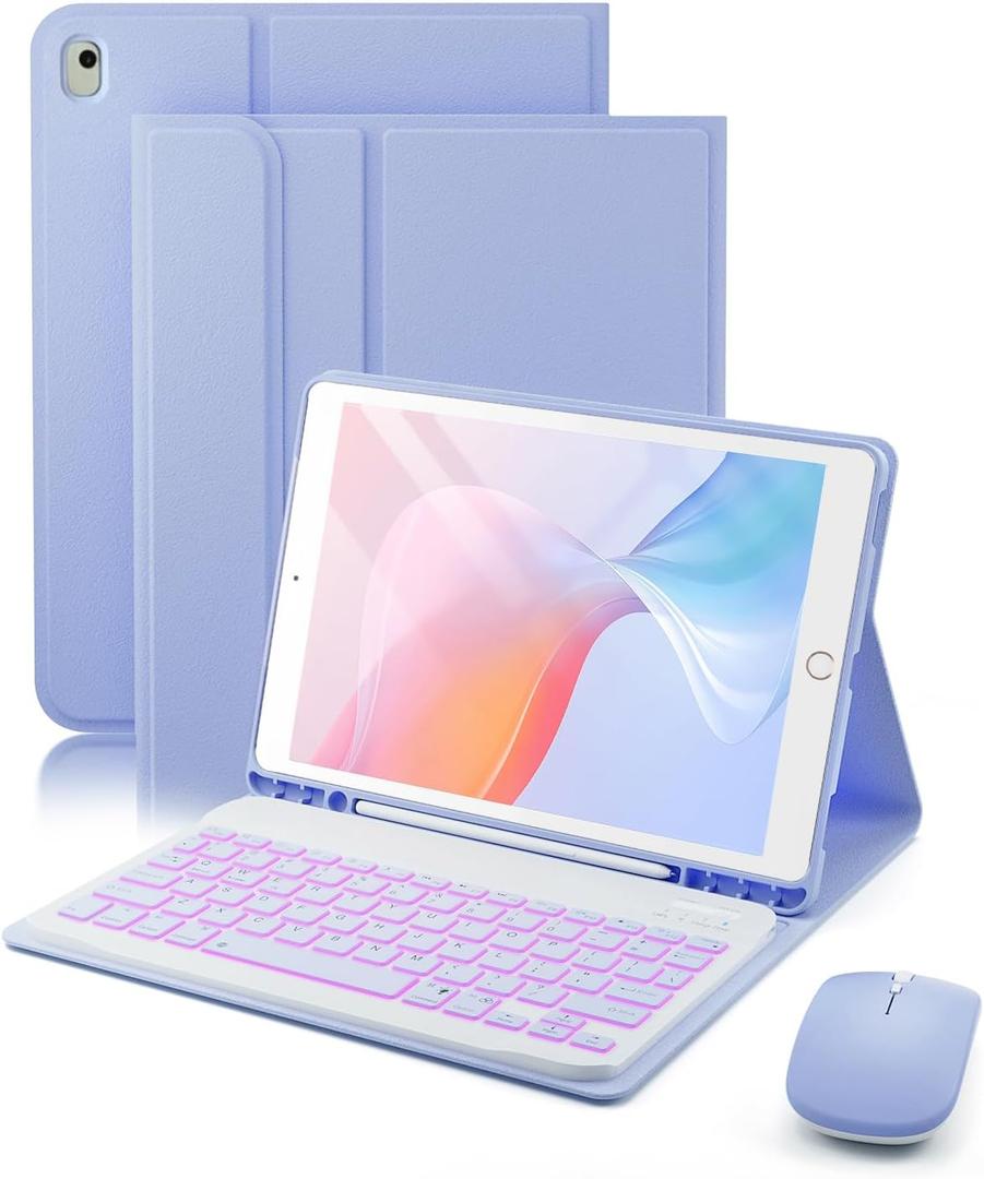 TUNKARMOR for iPad 9th / 8th / 7th Generation 10.2 inch & iPad Air 3rd Gen & iPad Pro 10.5 inch Case with 7 Color Backlit Keyboard  Built in Pencil Holder with Mouse (Purple)
