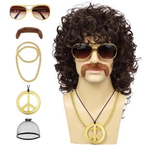 Mens Curly Wig + Glasses + Gold Chain + Peace Sign Necklace +Mustache + Wig Cap Long Curly Brown Wigs for 70s Disco Party Cosplay Costume Halloween Use, 6pcs Set