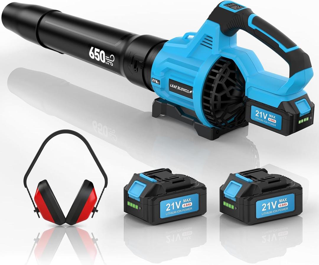 Leaf Blower Cordless,650 CFM & 160 MPH Electric Cordless Leaf Blower with 2 * 4.0Ah Batteries & Noise-Reduction Ear Muffs,3 Speed Powerful Blowing Ideal for Lawn Care, Blowing Leaves, Dust, Snow (Blue)