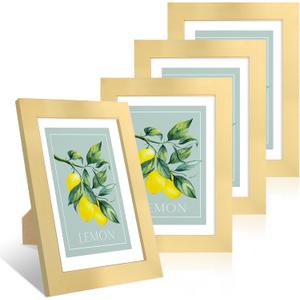 2 x 5x7 Picture Frame Set of 4, 5 x 7 Wood Photo Frames with Mat for 4x6, Wooden Frame with Real Glass Cover for Wall and Tabletop Display,Gold