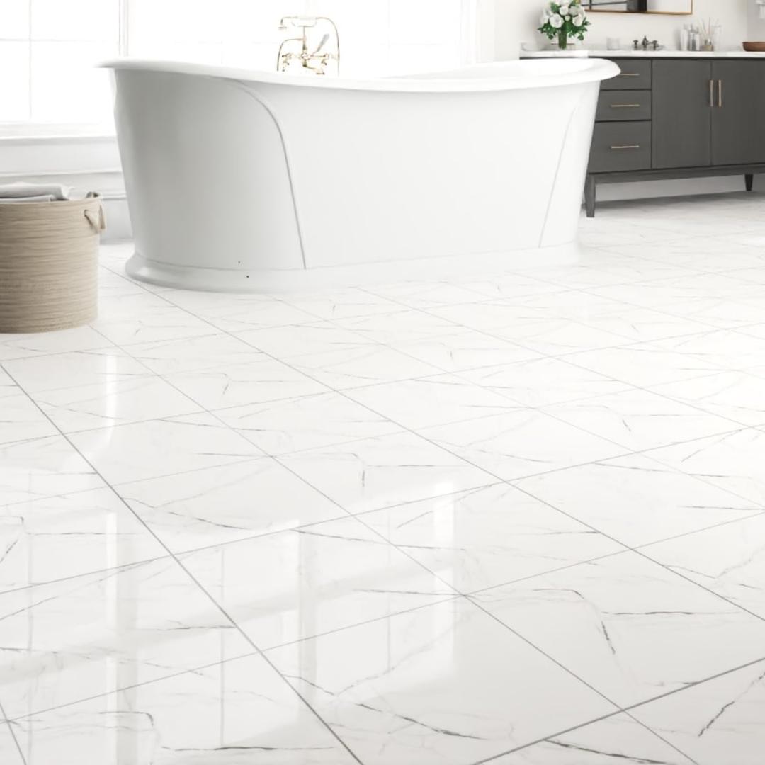 40-Pack Peel and Stick Floor Tiles Vinyl Floor 12 x 12 inch Self Adhesive Waterproof Glossy Flooring Planks DIY for Bathroom, Kitchen, Living Room, RV, Cover 40 Sq. Ft, Polish White Marble