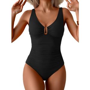 B2prity One Piece Swimsuit for Women Tummy Control Ruched Bathing Suit V Neck Push Up Swimwear (Black, M)