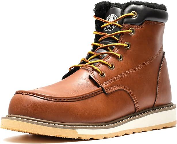 ANGRYRAM Winter Steel Toe Boots for Men Moc Toe Waterproof Work Boots Men's Comfortable Steel Toe Wedge Safety Boots Lightweight Indestructable Construction Boots, 11.5, Brown 