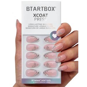 BTArtbox Press On Nails Short - Frost Glam, Lamp-Curable 3D Silver Flower Almond Press On Nails with Glue and Adhesive Tabs for Women in 16 Sizes - 32 Soft Gel Glue On Nails Kit