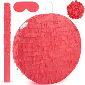 Red Pinata Red Circle Round Blank Pinata with Bat Stick Blindfold Confetti for Kids Birthday Wedding Celebration Baby Shower Carnival Party Supplies,13 x 13 x 3.15 Inches
